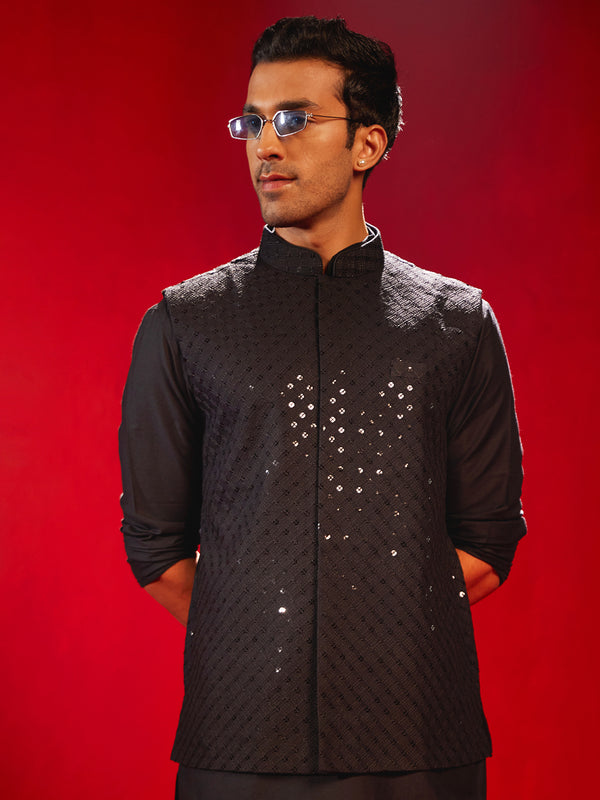 Black Rayon Sequined Nehru Jacket